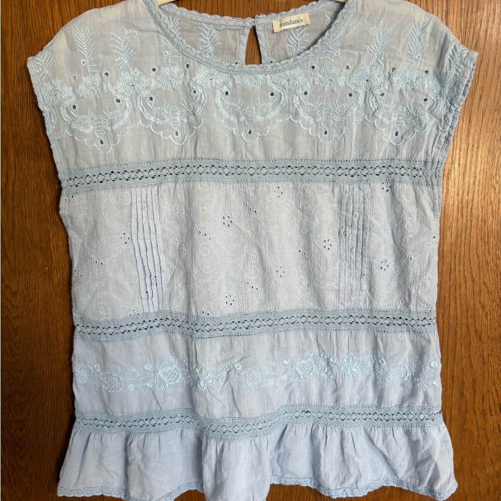 Sundance Eyelet detailed Blue Embroidered Cotton Peplum Top